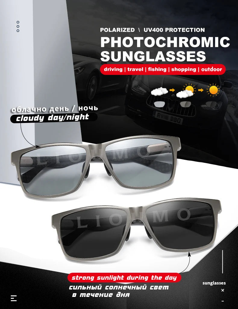 LIOUMO Top Quality Photochromic Polarized Sunglasses For Men Women Carbon Fiber Frame Square Glasses UV400 lentes de sol hombre