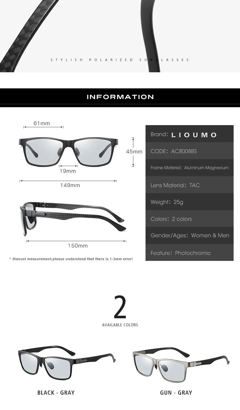 LIOUMO Top Quality Photochromic Polarized Sunglasses For Men Women Carbon Fiber Frame Square Glasses UV400 lentes de sol hombre